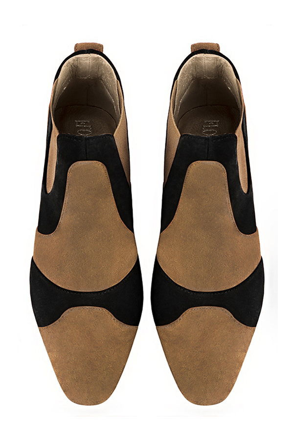 Biscuit beige and matt black women's ankle boots, with elastics. Round toe. Low flare heels. Top view - Florence KOOIJMAN